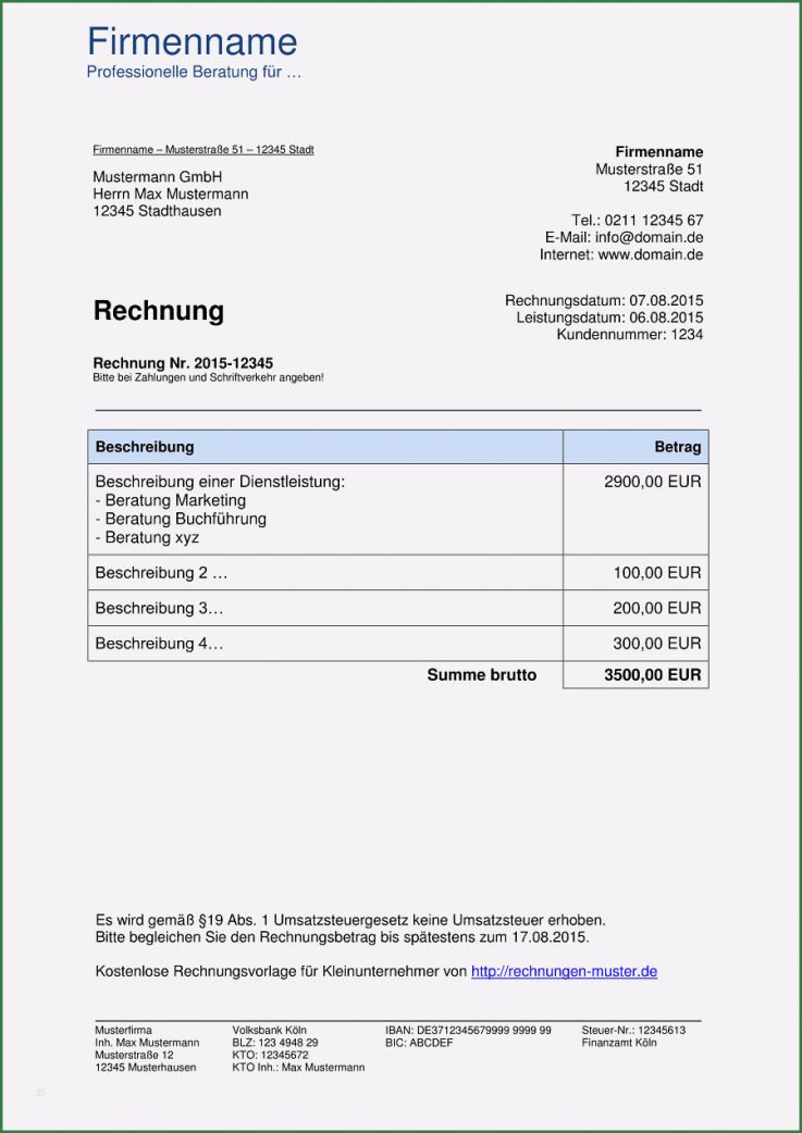 Rechnung Kleinunternehmer Vorlage Word Angenehm Kleinunternehmer Rechnung Rechnungsvorlagen Für