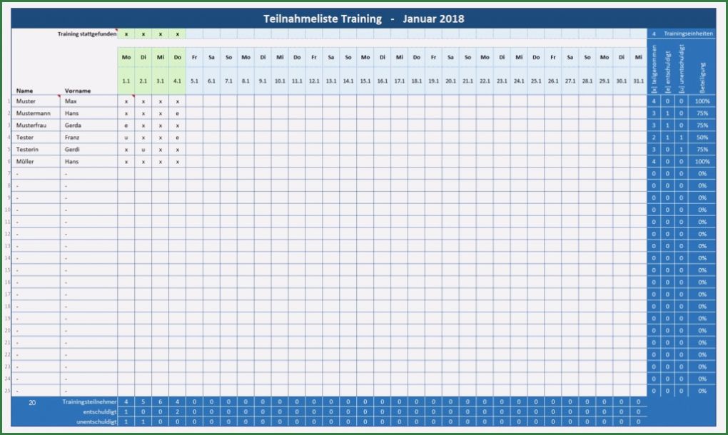 Teilnehmerliste Excel Vorlage Erstaunlich Anwesenheitsliste Training Teilnehmerliste Training