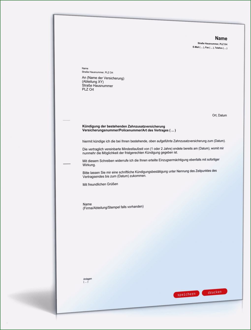 Vollkaskoversicherung Kündigen Vorlage Fabelhaft Fristgemäße Kündigung Zahnzusatzversicherung