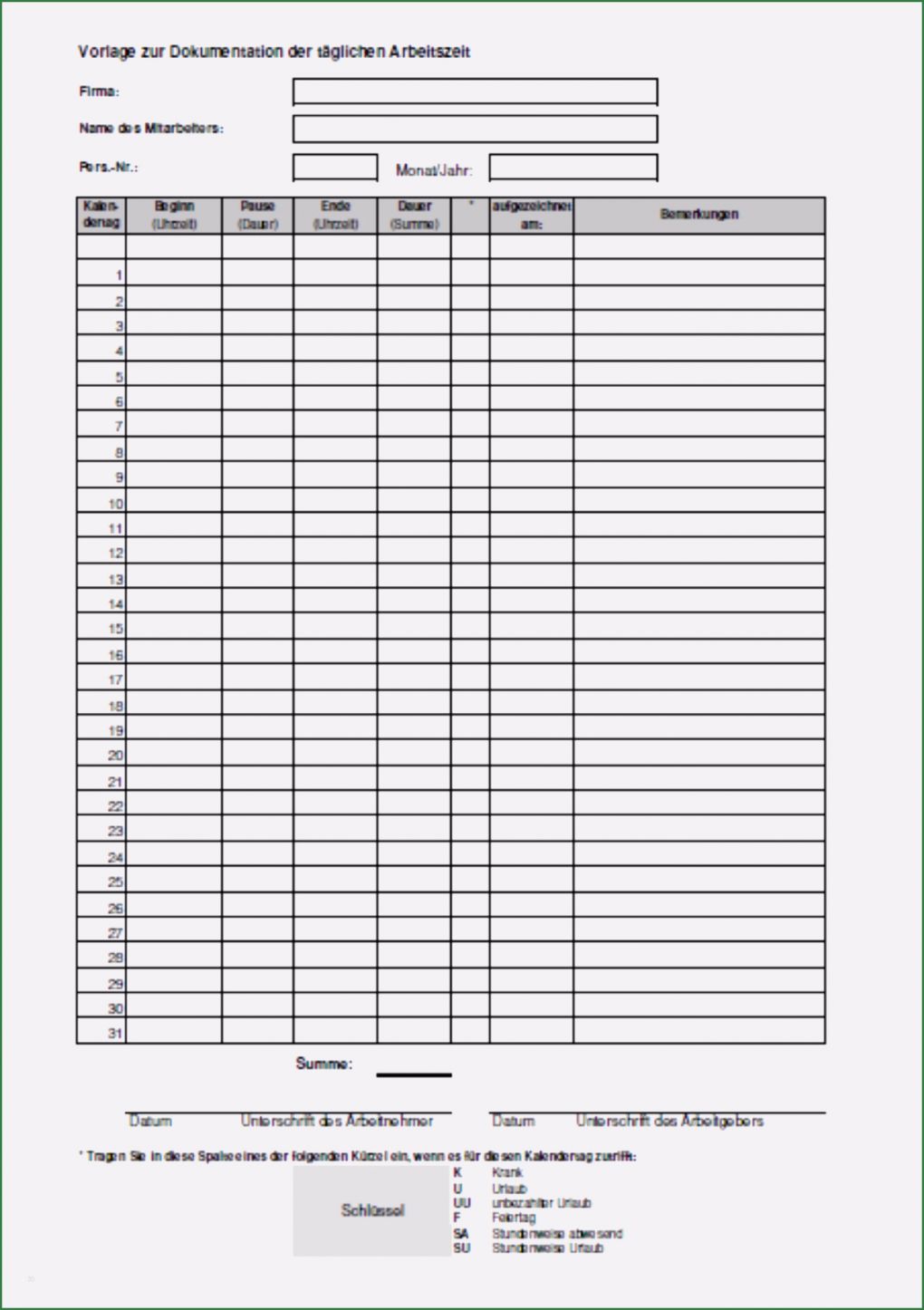 Vorlage Dokumentation Tägliche Arbeitszeit Hübsch 11 Stundenzettel 2017