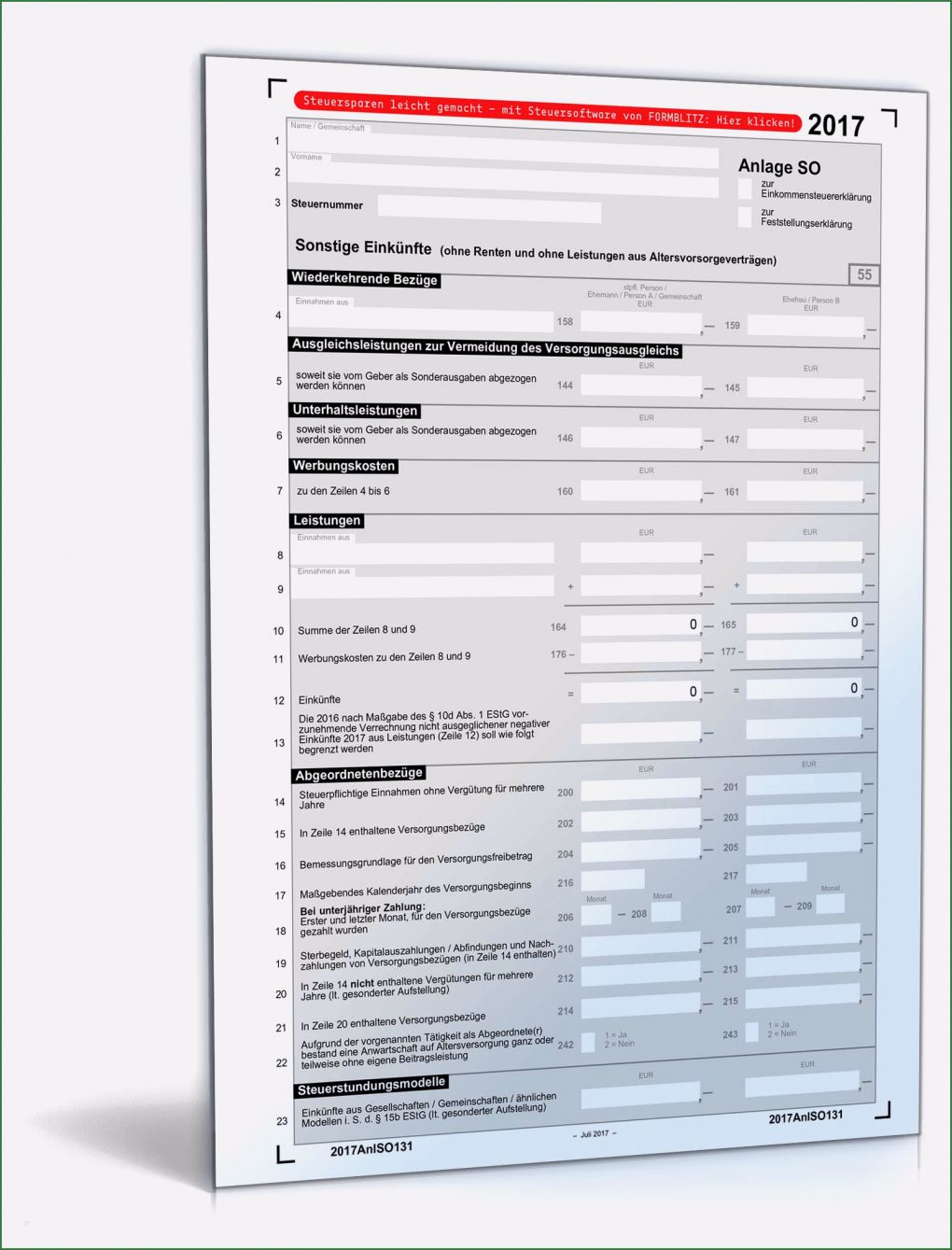 Vorlage Einkommensteuererklärung Süß Anlage so 2017