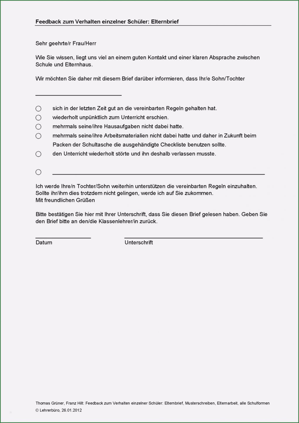 Vorlage Elternbrief Klassenfahrt Schönste Grundschule Arbeitshilfen