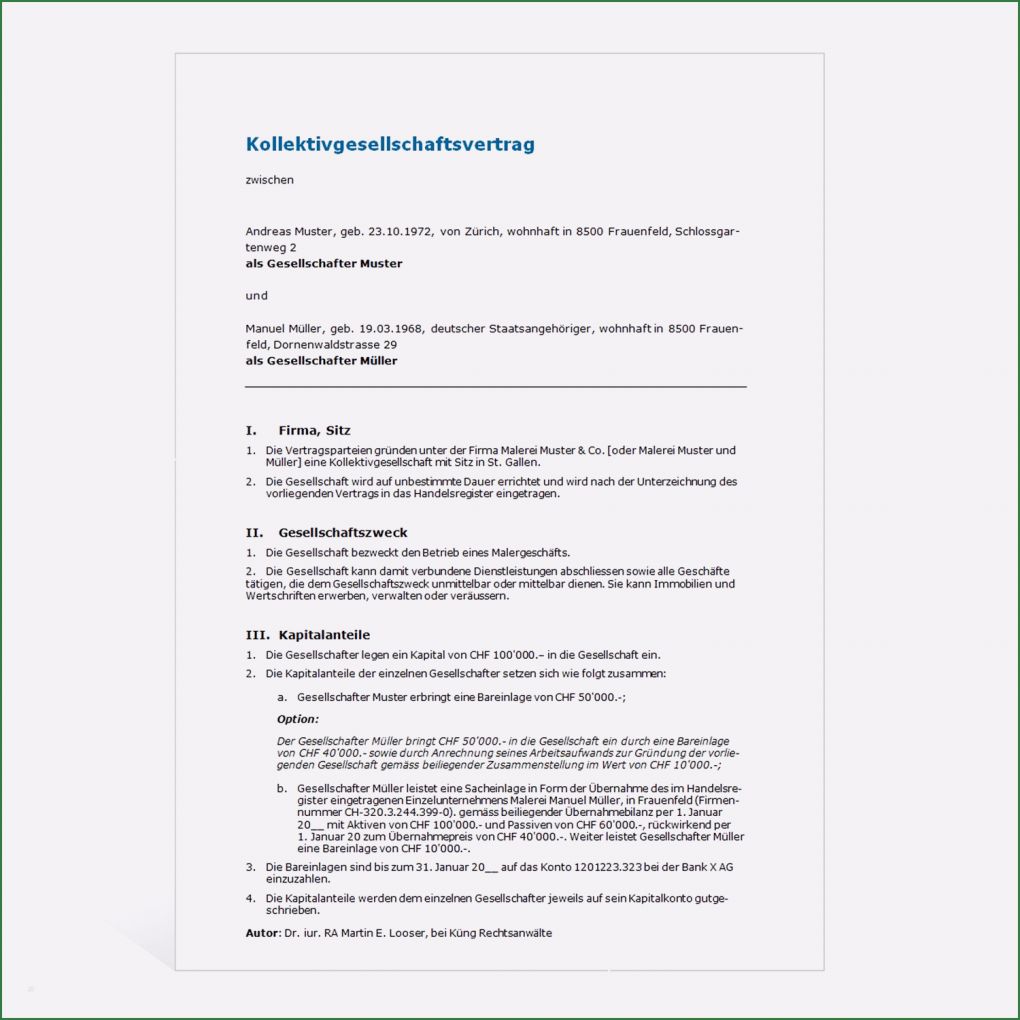 Vorlage Gesellschaftsvertrag Erstaunlich Mustervertrag Kollektivgesellschaft