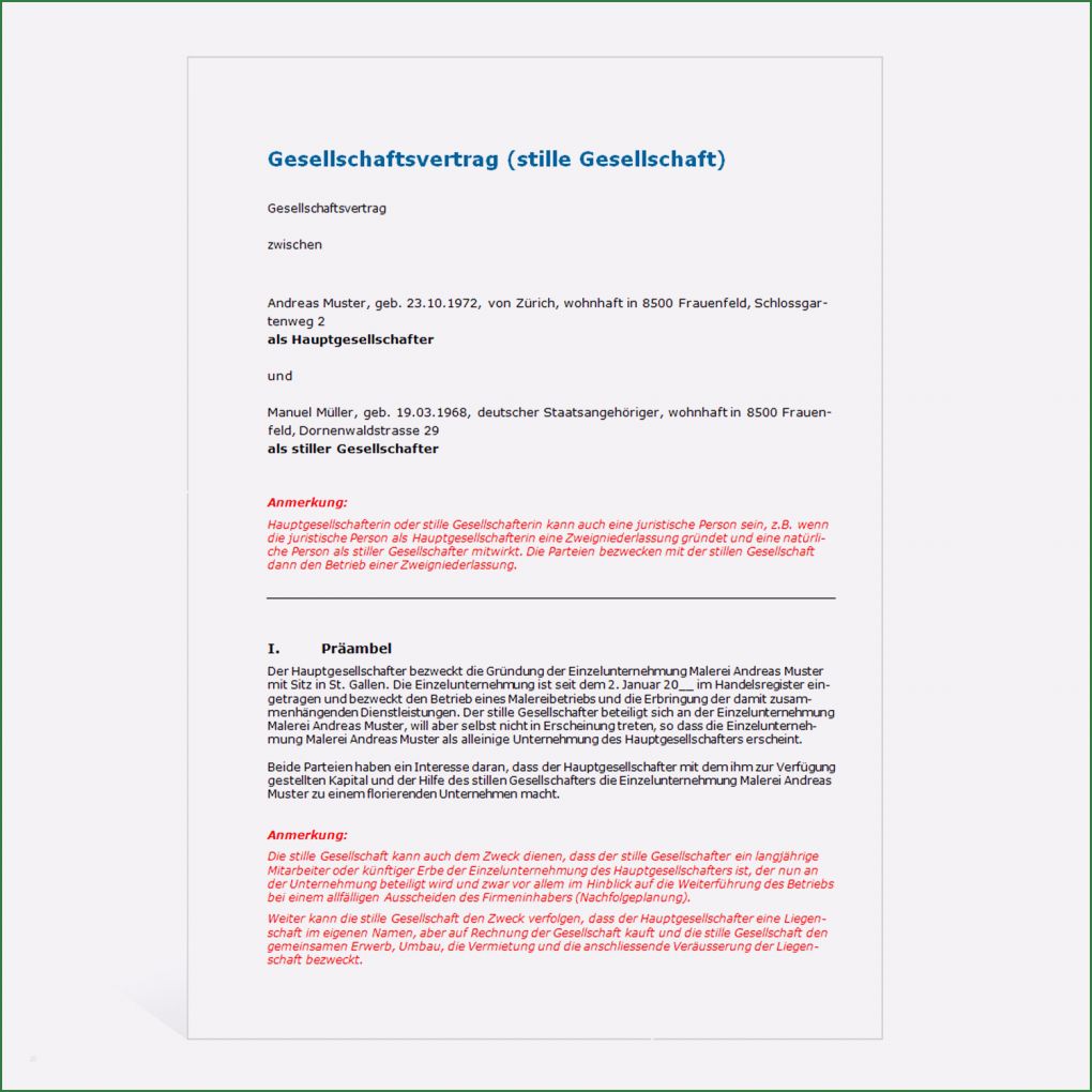Vorlage Gesellschaftsvertrag Hübsch Muster Gesellschaftsvertrag Stille Gesellschaft