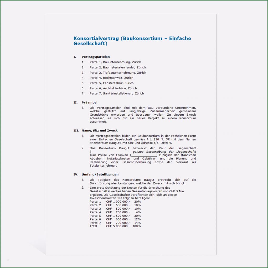 Vorlage Gesellschaftsvertrag Wunderbar Mustervertrag Baukonsortium