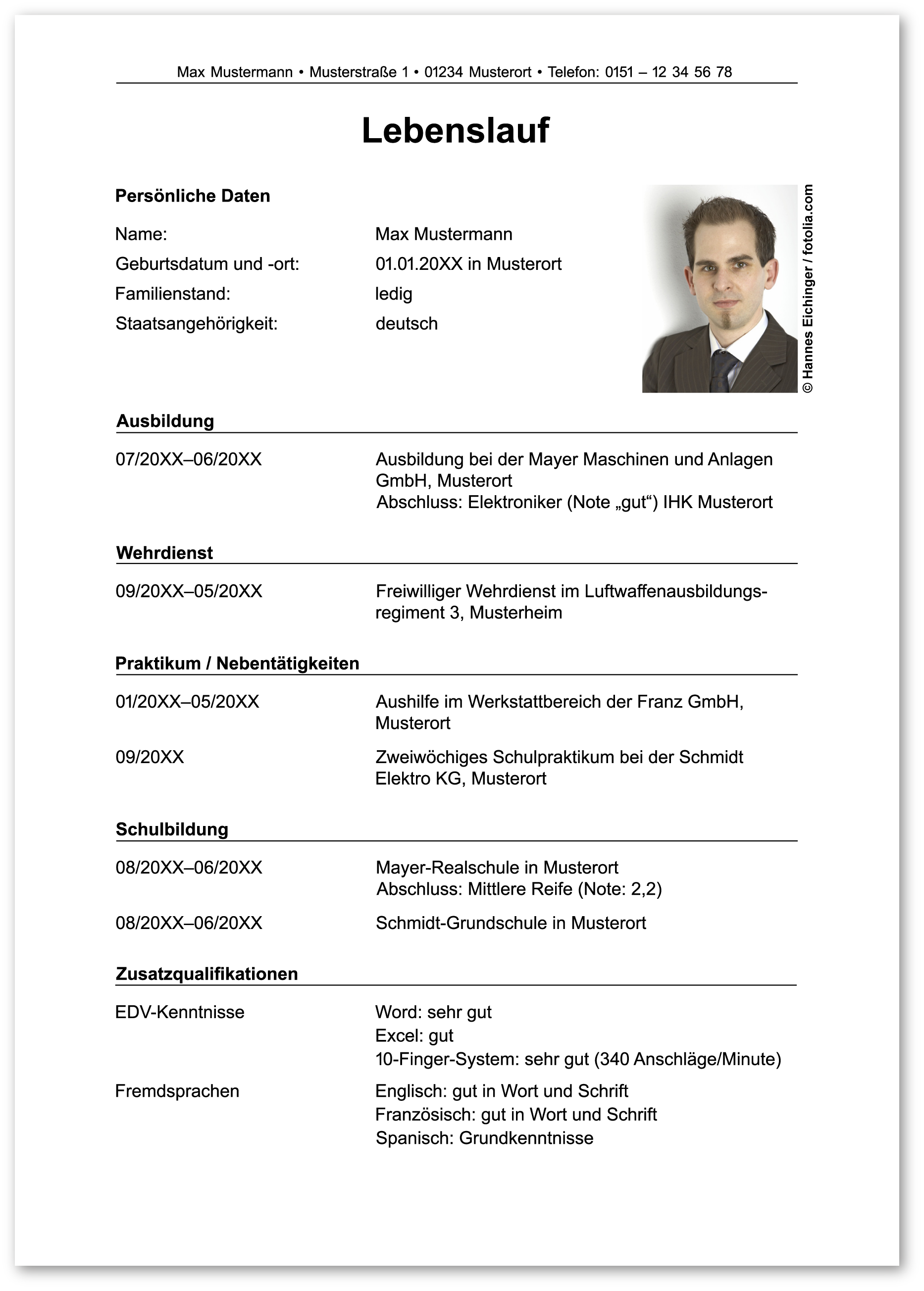 Lebenslauf Vorlage für Ausbildung mit strukturierter Gliederung